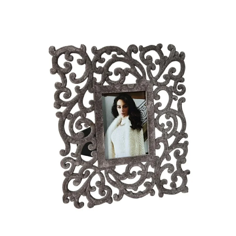 Grey Velvet Scroll Flourish Ornate Decorative Rectangular Picture Photo Frame